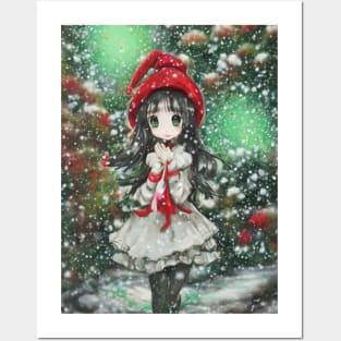 Kawaii anime manga girl walking in snow Posters and Art